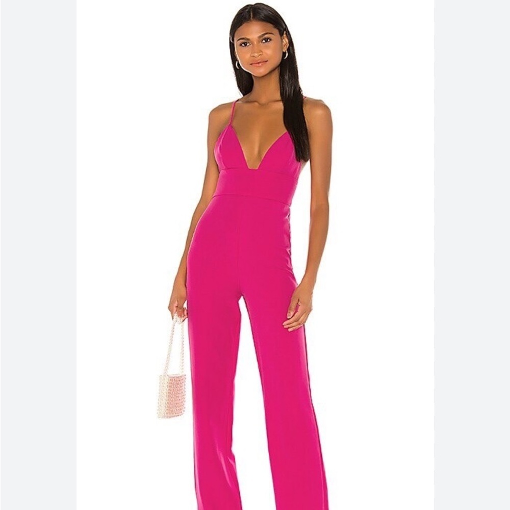 NBD Fuchsia Plunge V-Neck Wide Leg Jumpsuit